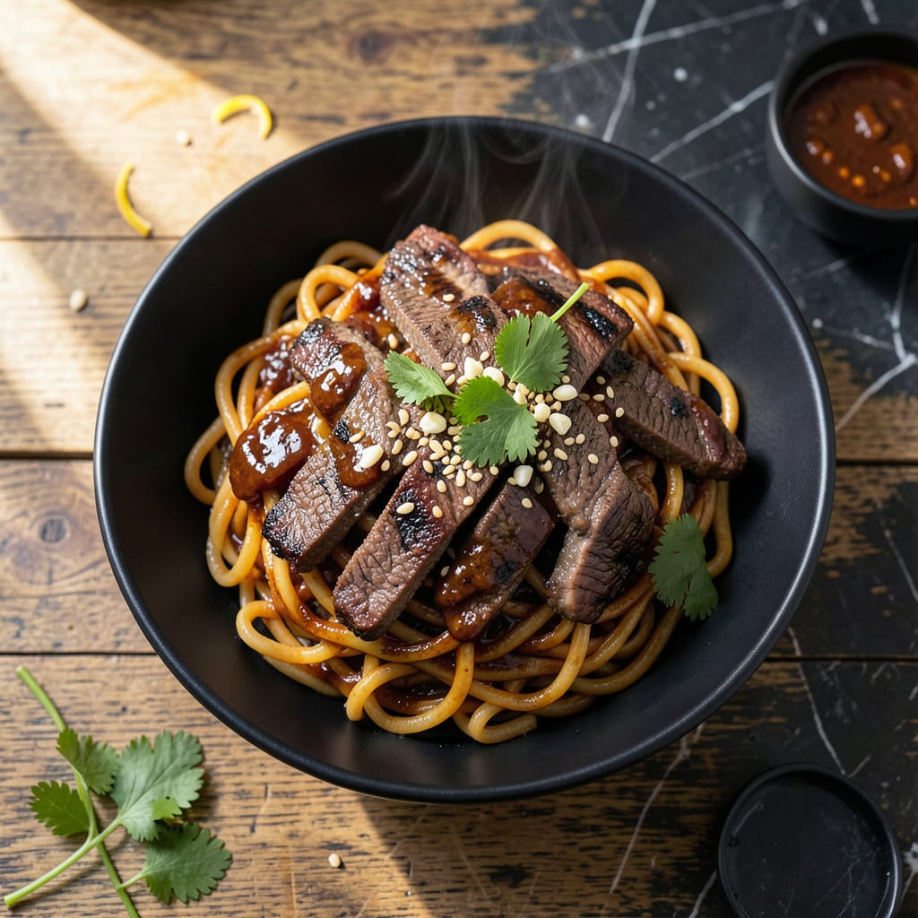 BBQ Beef Noodles Recipe: Smoky Wok Tossed Savory Bites illustration with key details