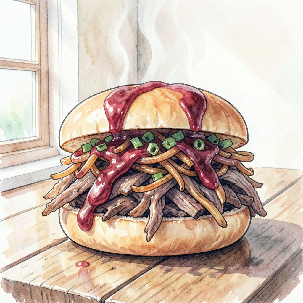 BBQ Beef Sandwich Recipe Shredded: Tender Filling in a Soft Bun illustration with key details