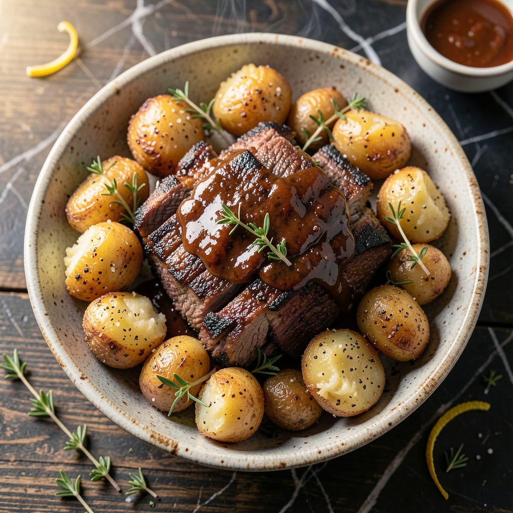 bbq brisket smashed potato recipe illustration with key details