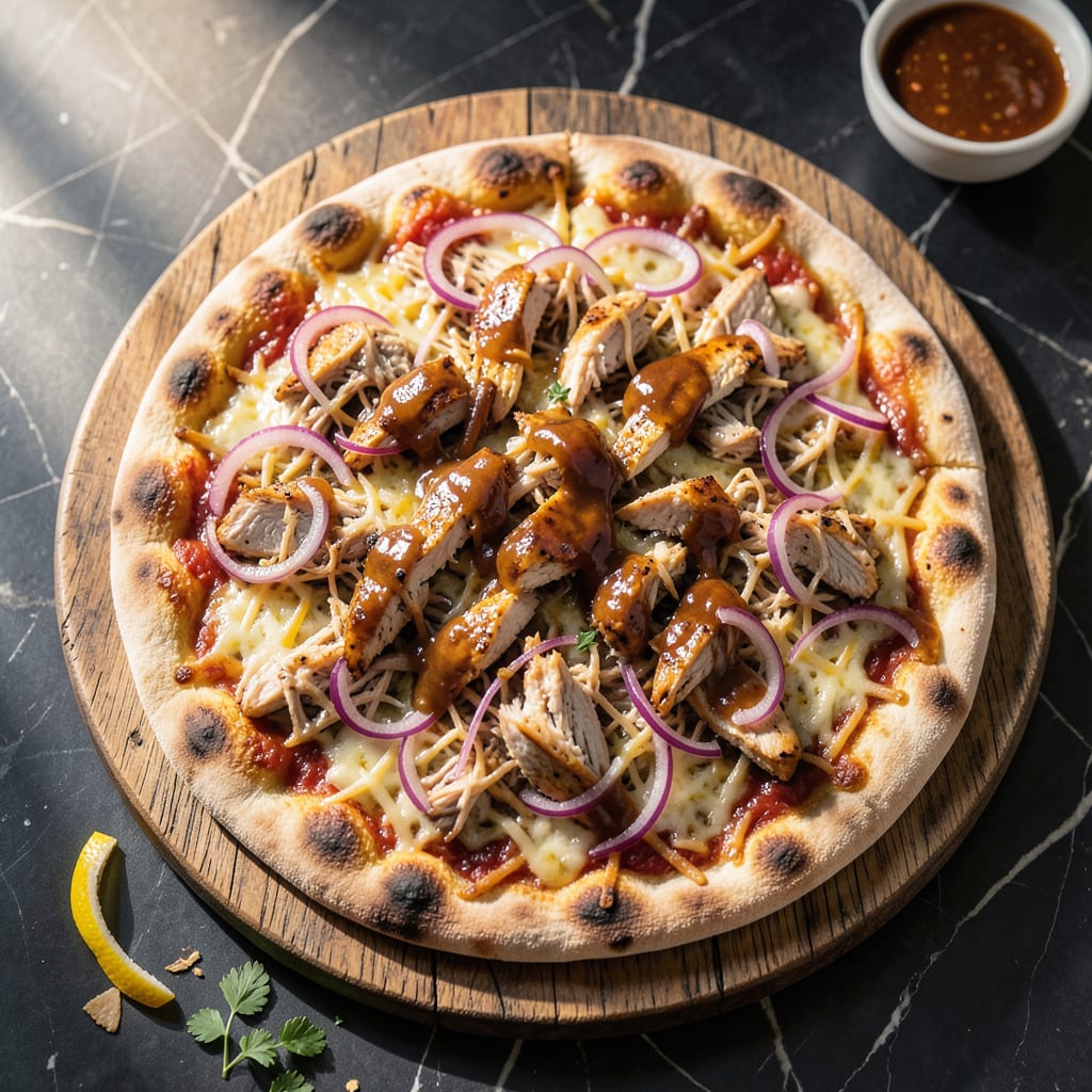 BBQ Chicken Flatbread Pizza Recipe: Charred Crust with Tangy BBQ Drizzle illustration with key details