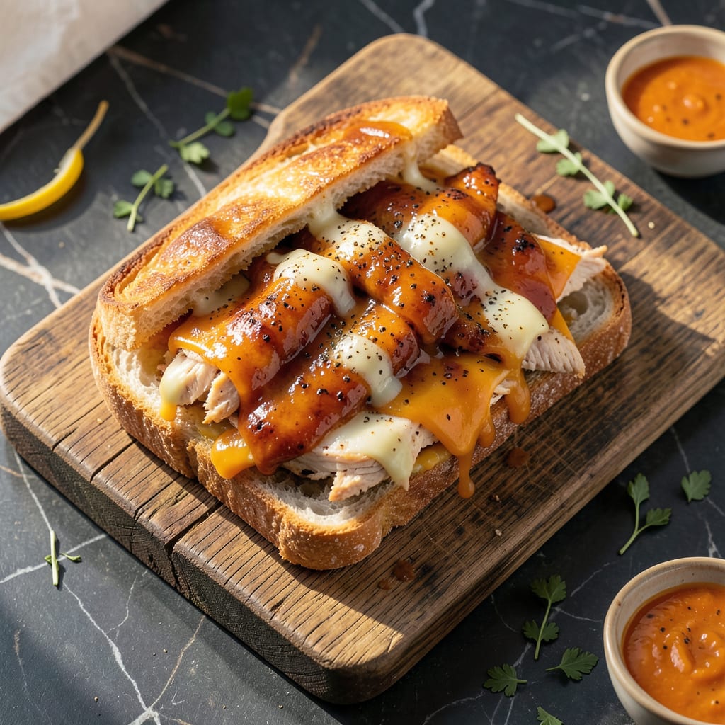Visual representation of BBQ Chicken Grilled Cheese Recipe: Smoky Melted Comfort in Two Bites