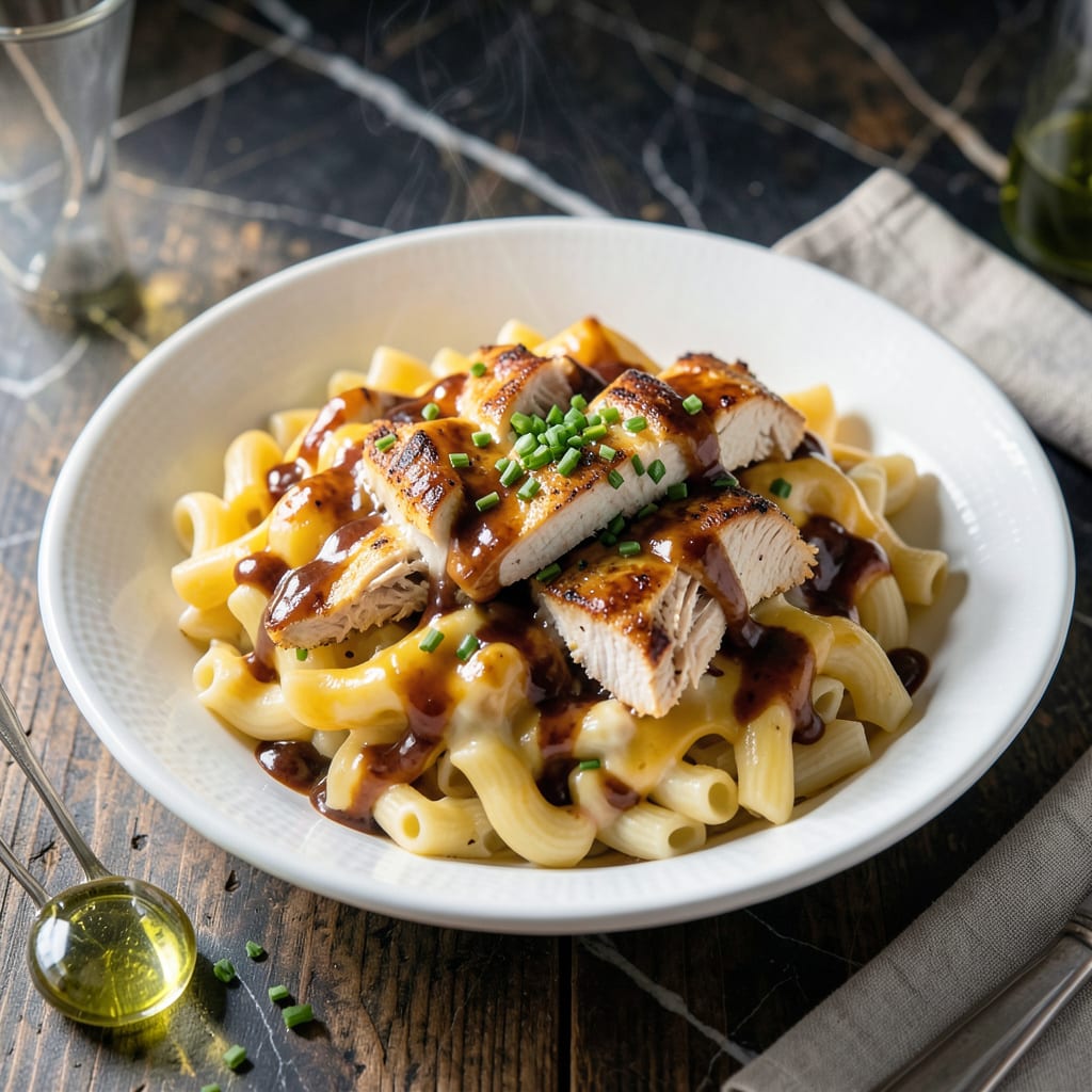 Visual representation of bbq chicken macaroni and cheese recipe
