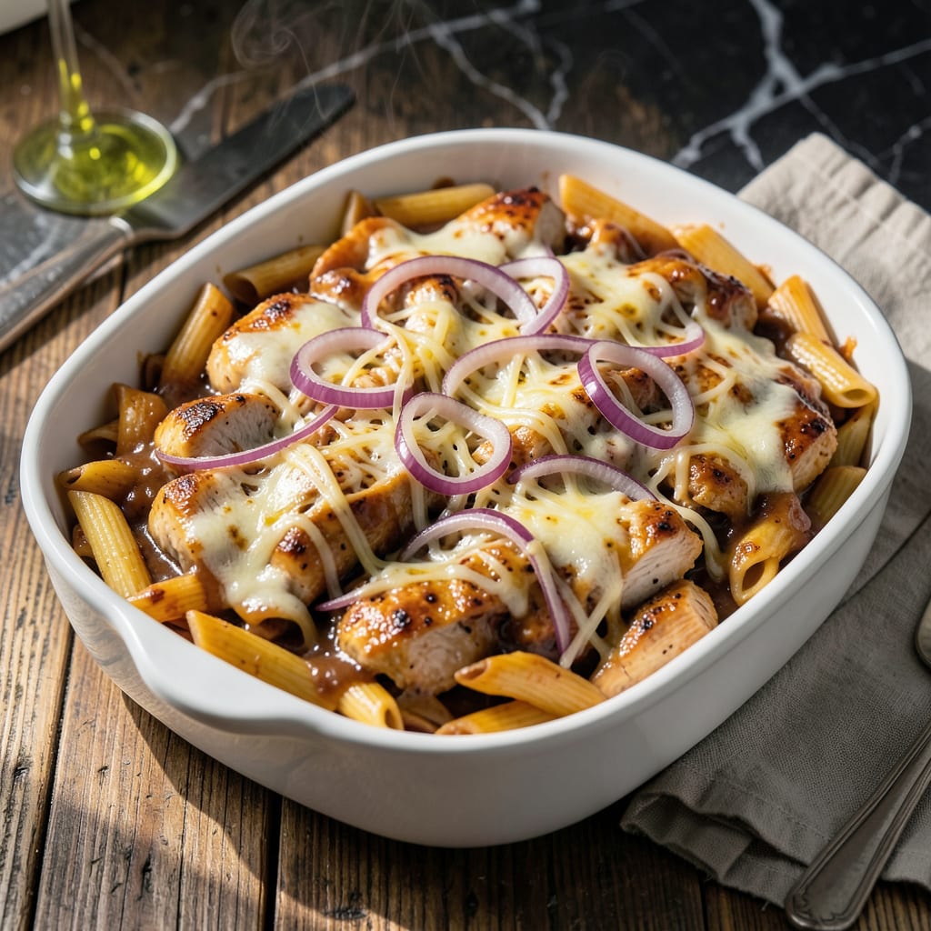 BBQ Chicken Pasta Bake Recipe: Cheesy Smoky Layers in One Dish illustration with key details