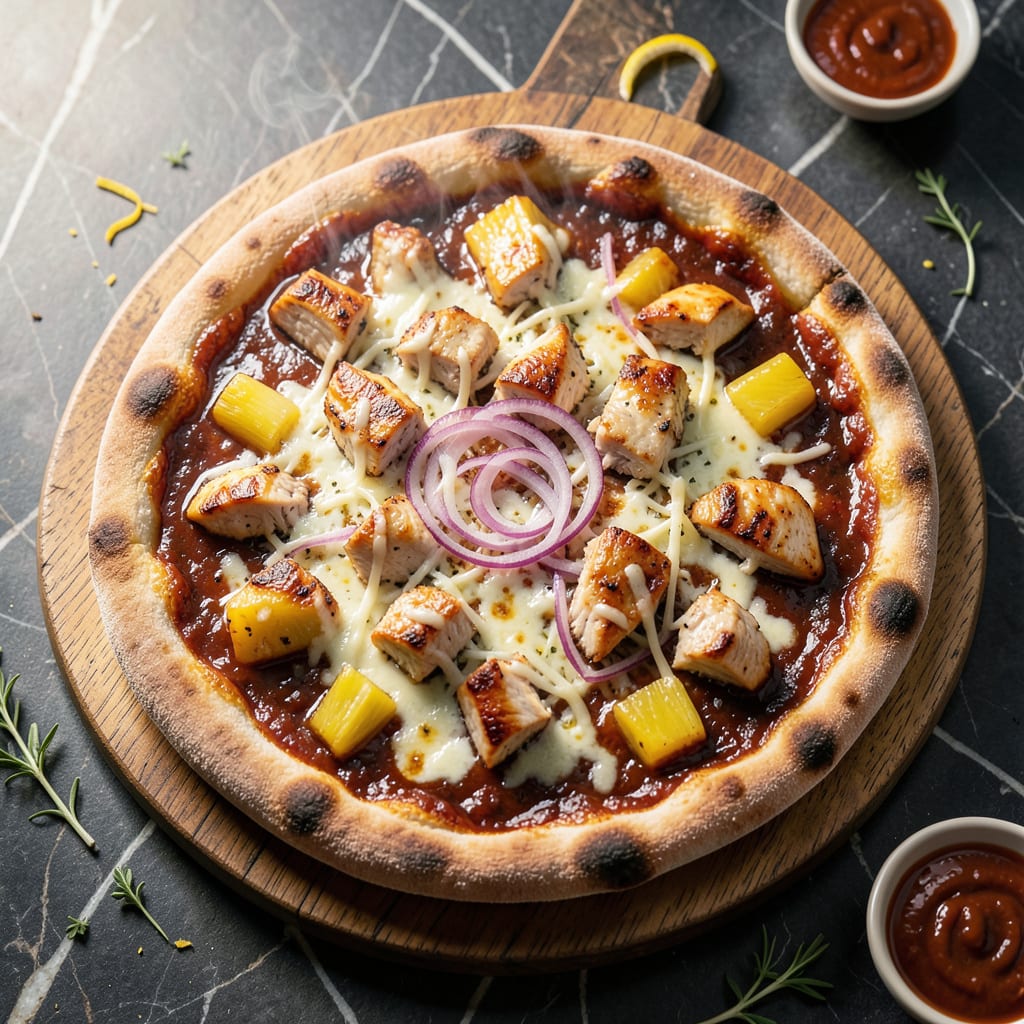 bbq chicken pineapple pizza recipe illustration with key details