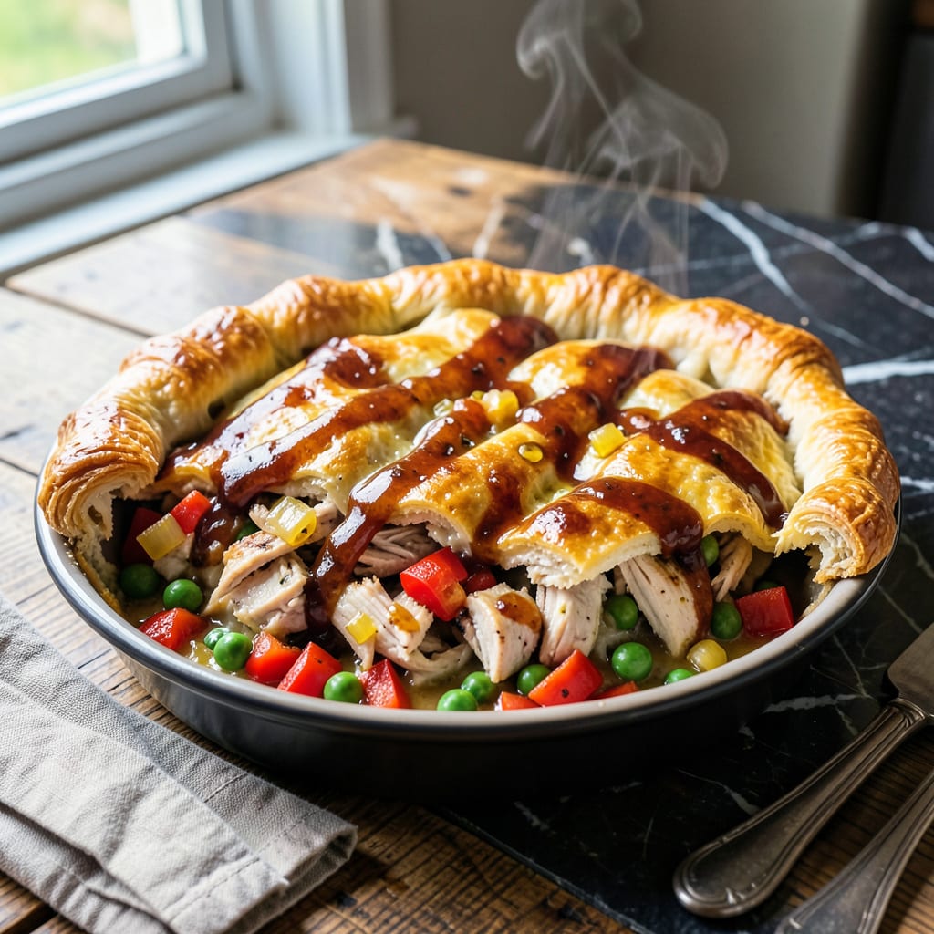 BBQ Chicken Pot Pie Recipe: Smoky Filling Under Flaky Crust example with annotations