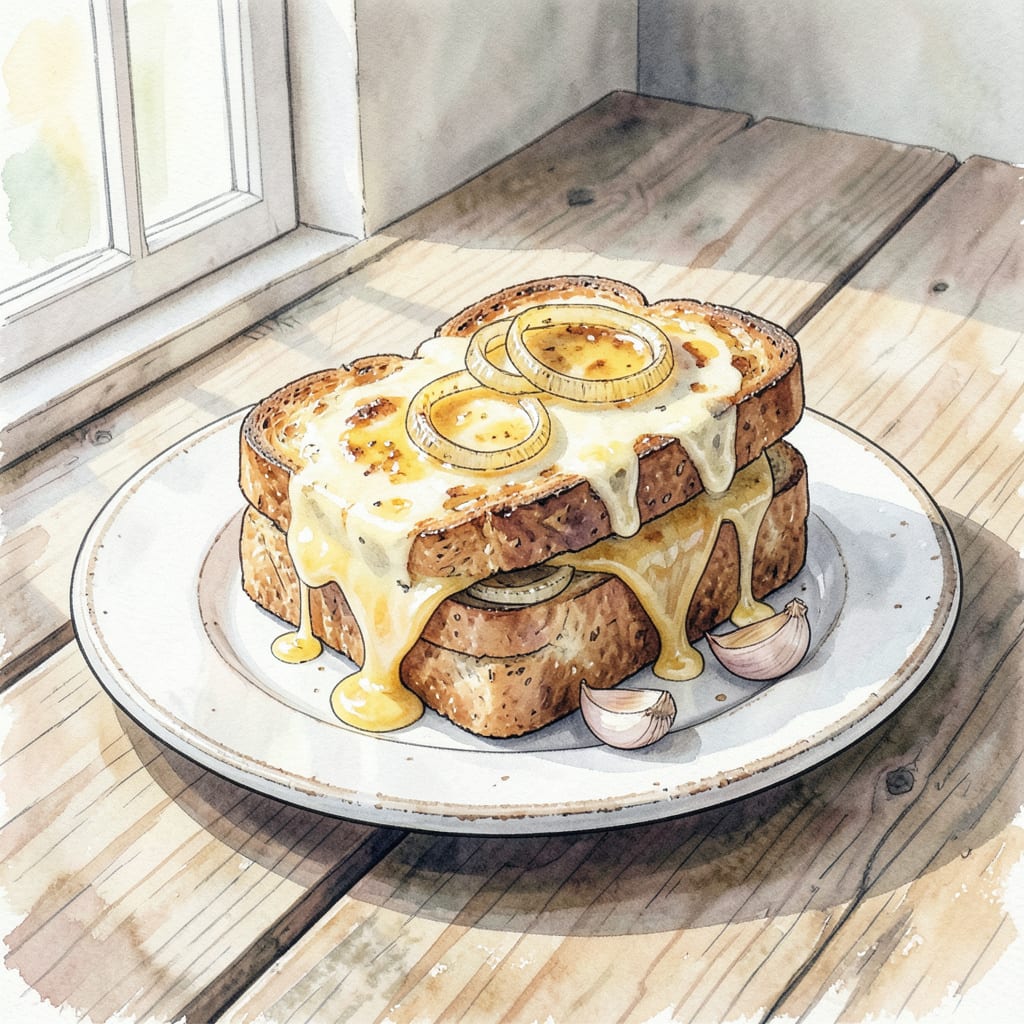 BBQ Grilled Cheese Recipe: Melted Perfection with Caramelized Onions illustration with key details