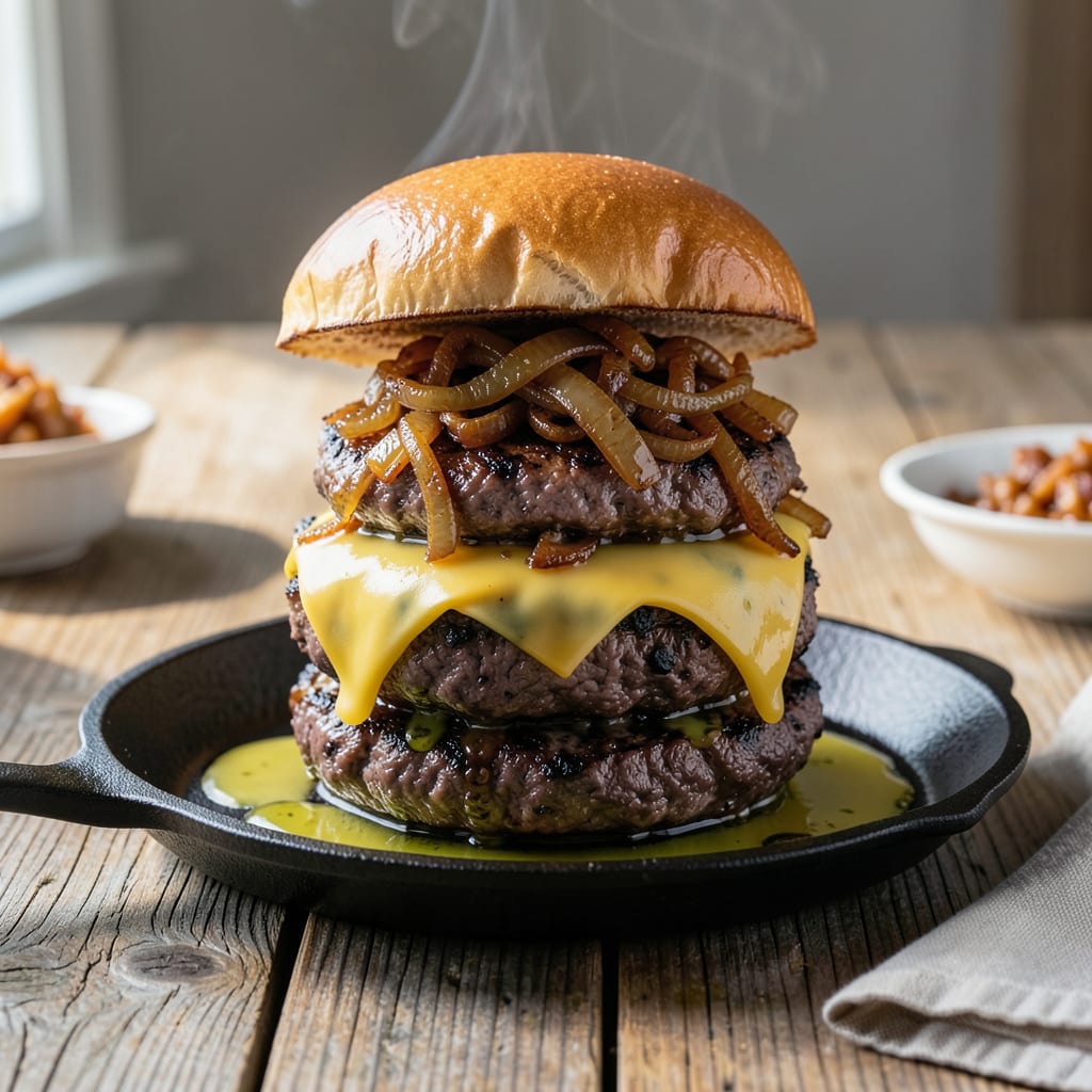 BBQ Grilled Hamburger Recipe: Caramelized Onion and Cheddar Stuffed Patties example with annotations