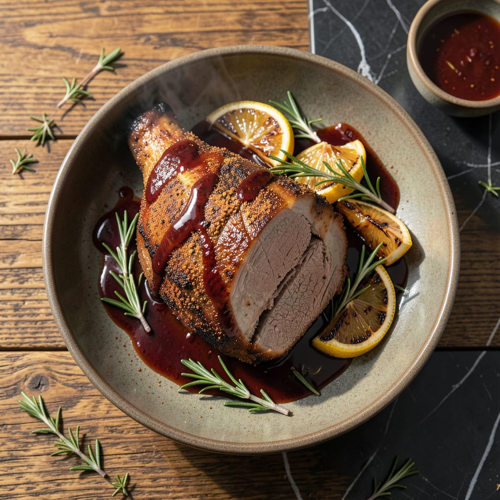 BBQ Lamb Roast Recipe: Smoky Charred Crust and Fall Off The Bone Meat illustration with key details