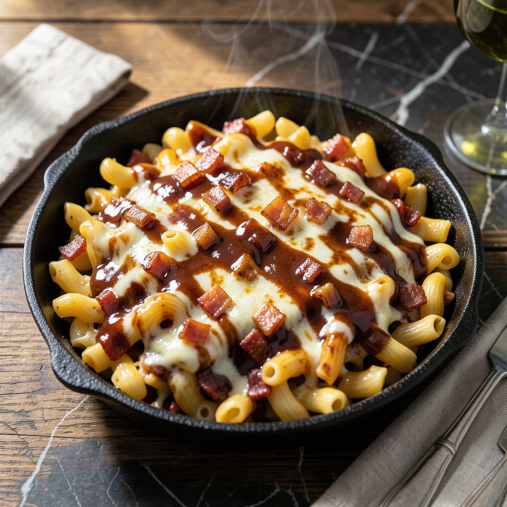 bbq mac and cheese recipe illustration with key details