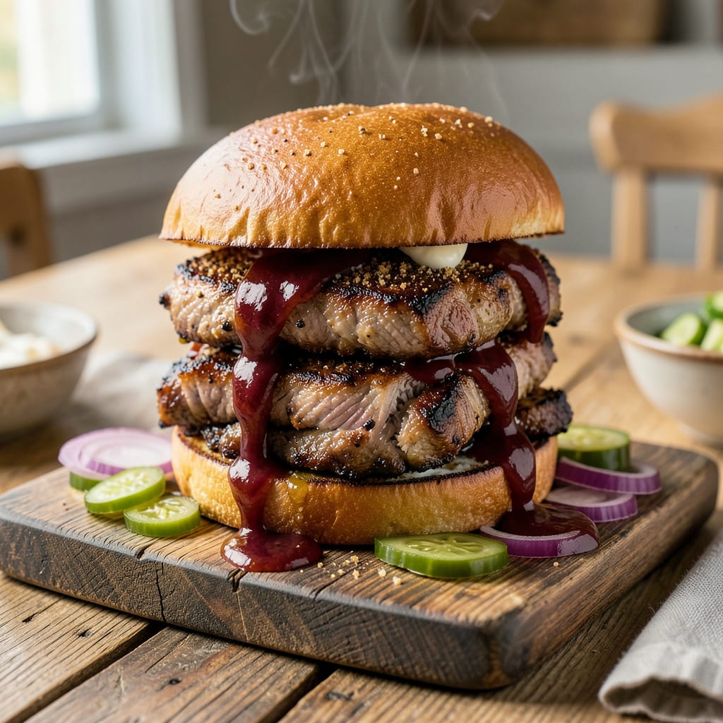 BBQ Pork Chop Sandwich Recipe: Smoky Grill Meets Toasted Bun illustration with key details