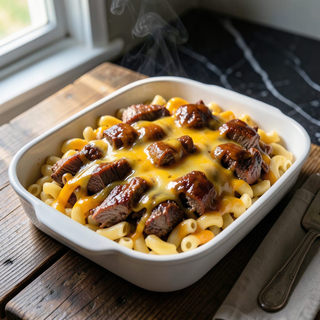 bbq pork mac and cheese recipe illustration with key details