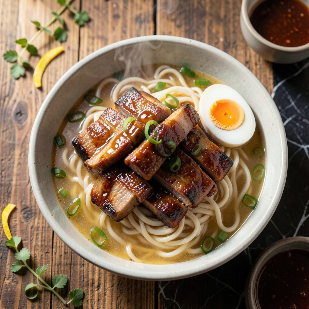BBQ Pork Ramen Recipe: Smoky Umami Noodle Bowl illustration with key details