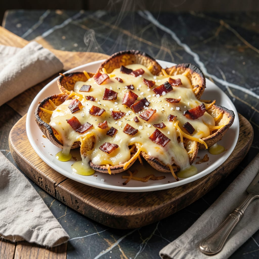 BBQ Potato Skins Recipe: Loaded With Cheese and Bacon Crunch illustration with key details