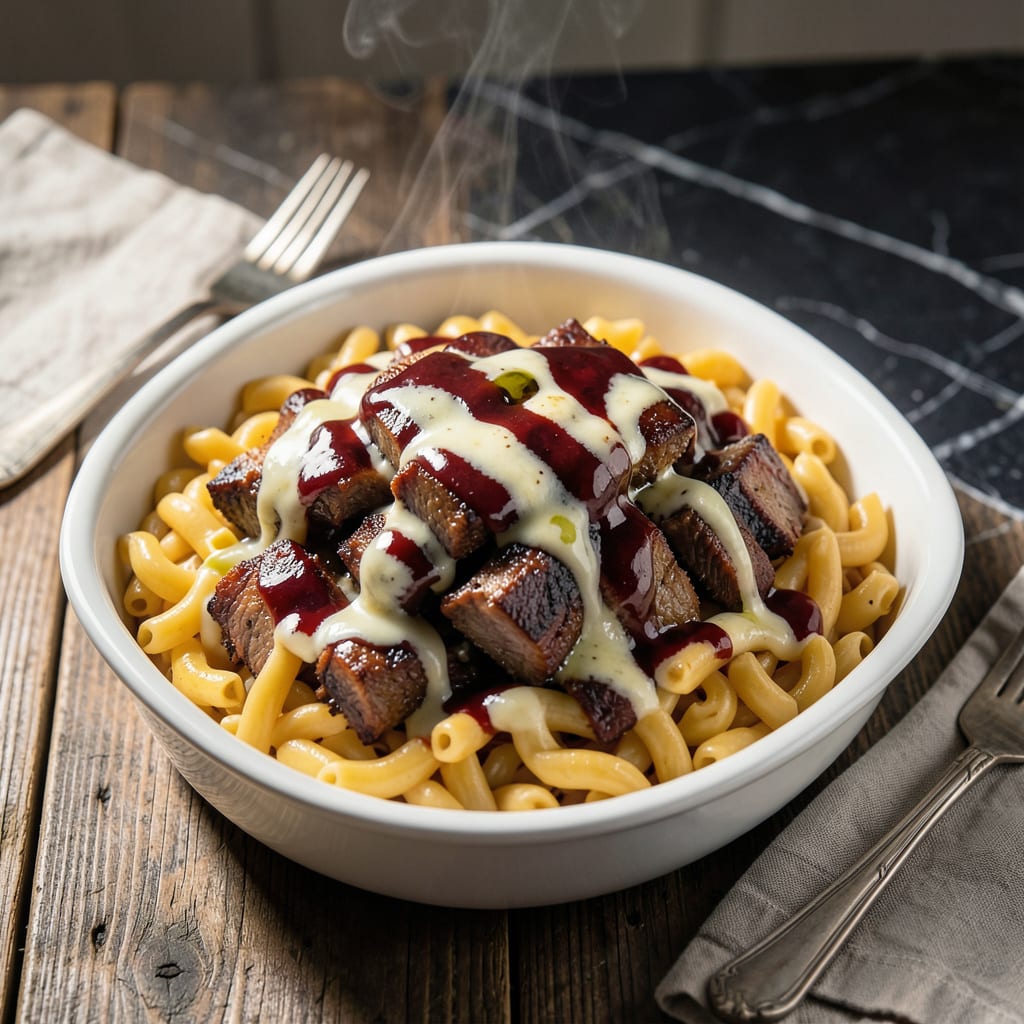 BBQ Pulled Pork Mac and Cheese Recipe: Smoky Meets Creamy Decadence illustration with key details