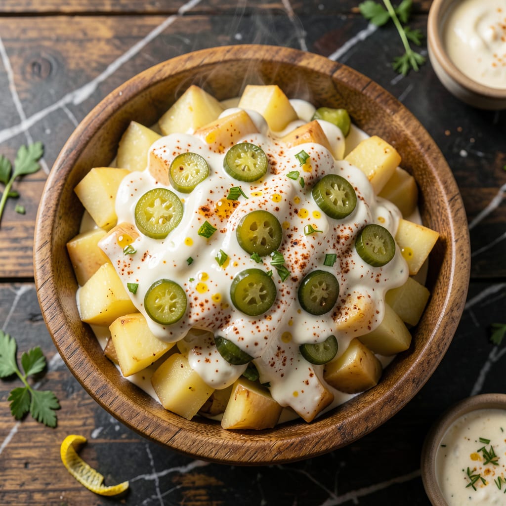 BBQ Restaurant Potato Salad Recipe: Smoky Creamy Side With a Krispy Kick illustration with key details