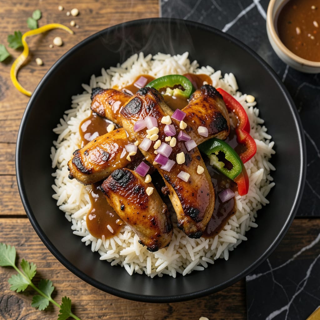 bbq rice bowl recipe illustration with key details