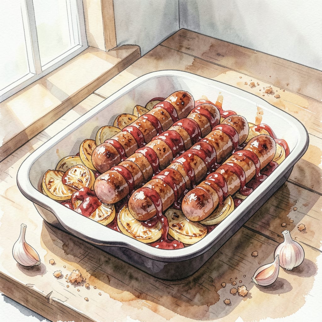 BBQ Sausage Recipe Oven: Juicy Sausages with Caramelized Onions illustration with key details