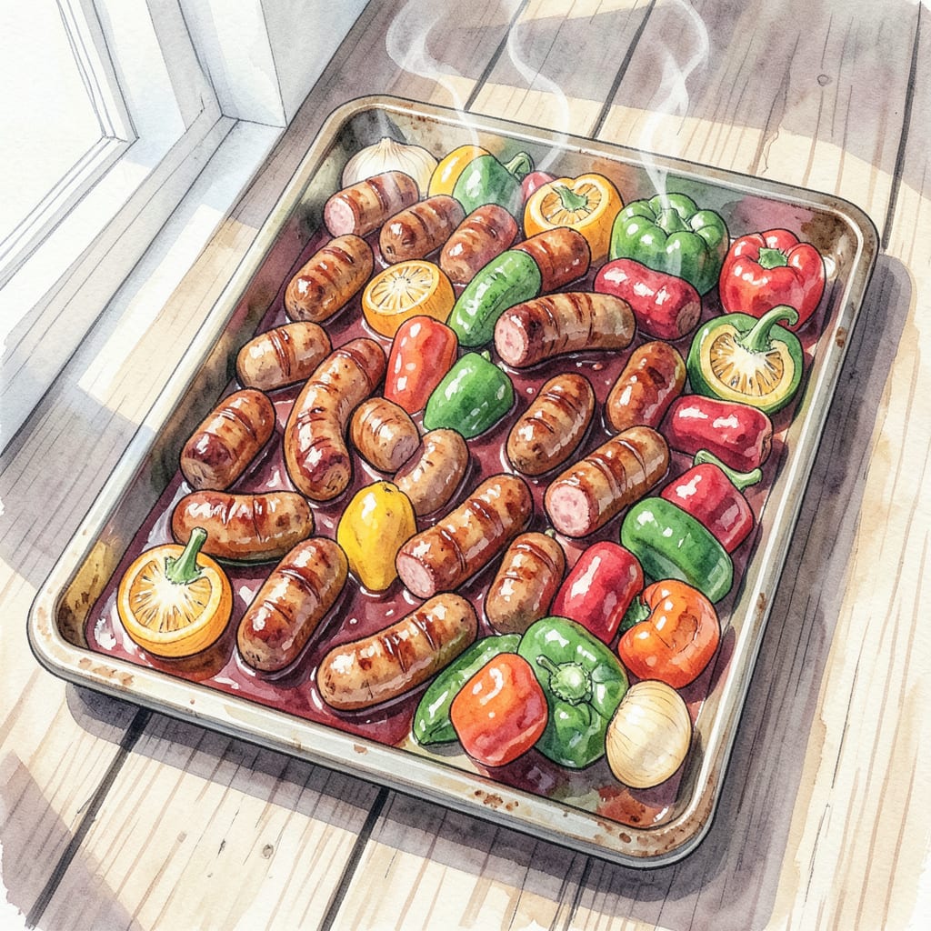 BBQ Sausage Sheet Pan Recipe: One Pan Wonder with Caramelized Peppers illustration with key details