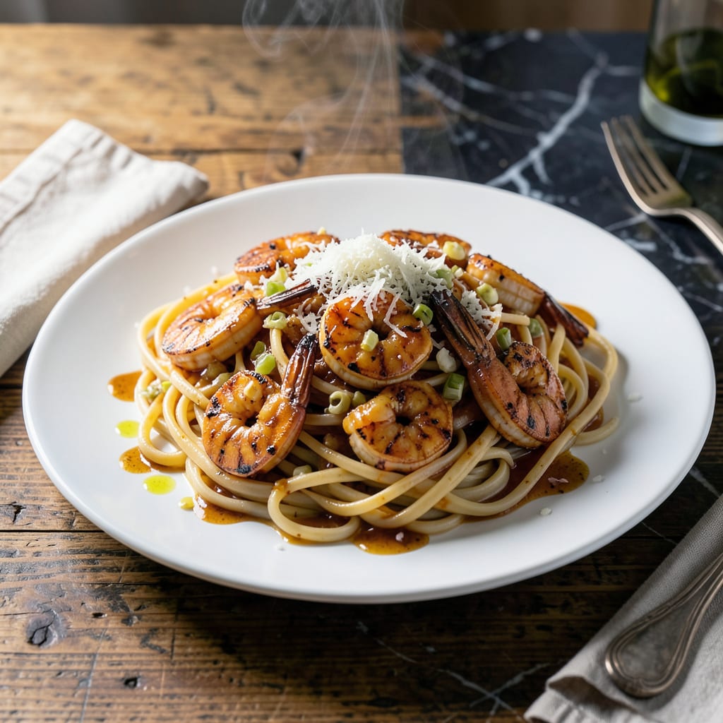 bbq shrimp linguine recipe illustration with key details
