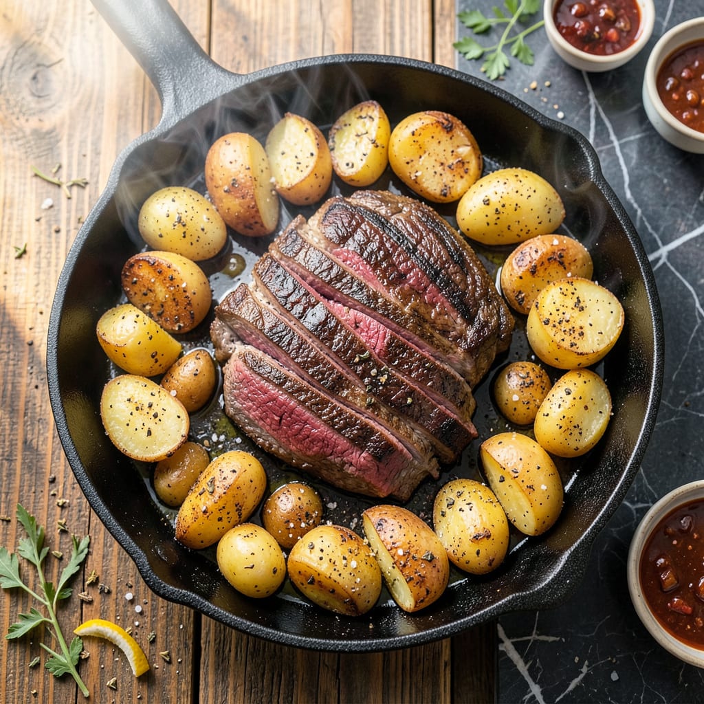 BBQ Steak and Potatoes Recipe: Grill Mastered Meal in One Pan illustration with key details