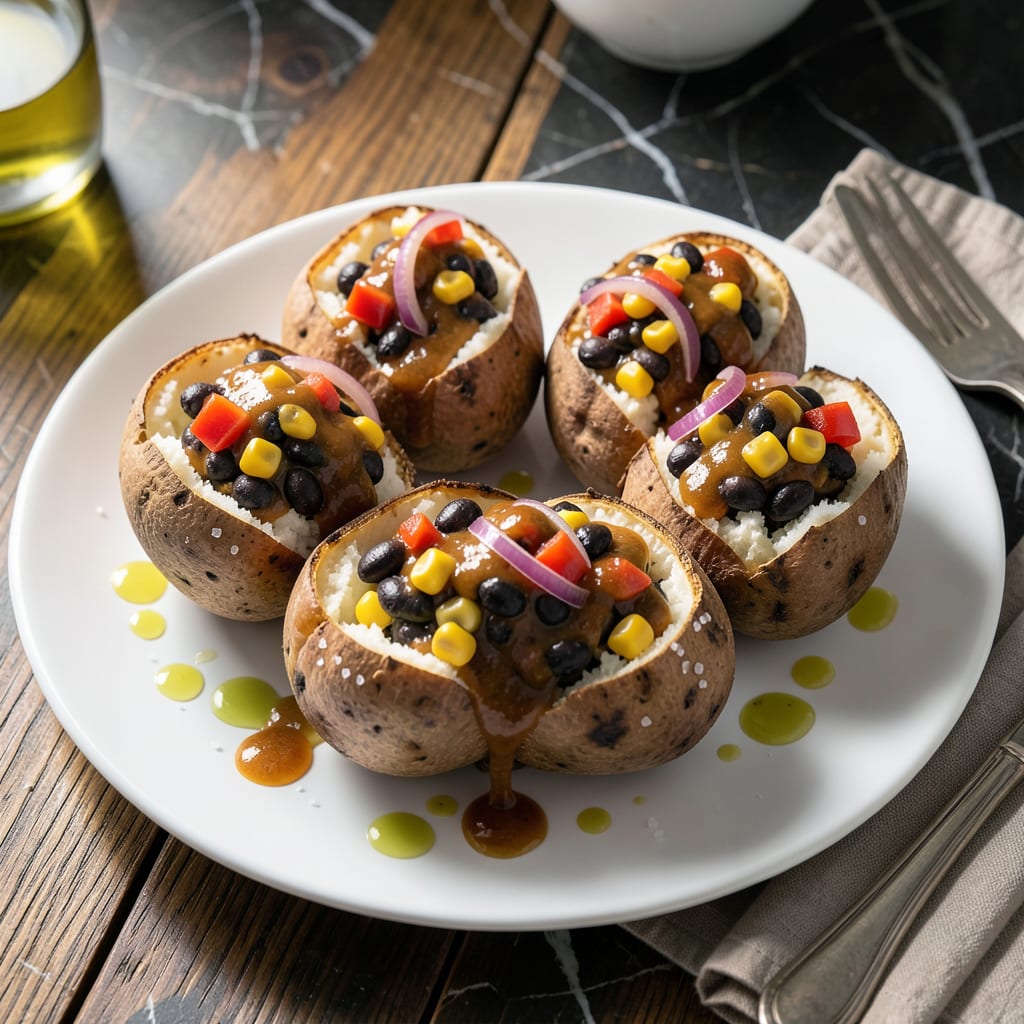 bbq stuffed baked potato recipe illustration with key details