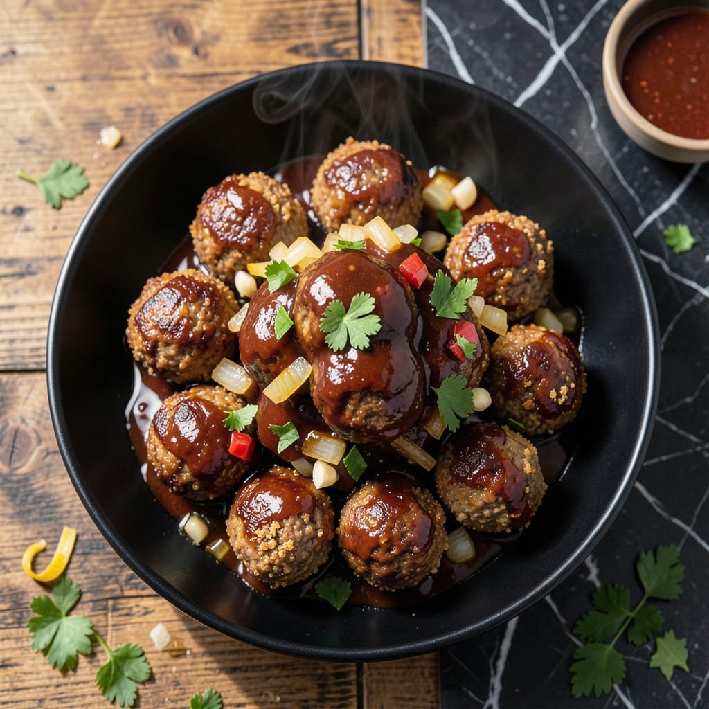 Visual representation of beef meatball recipe with bbq sauce