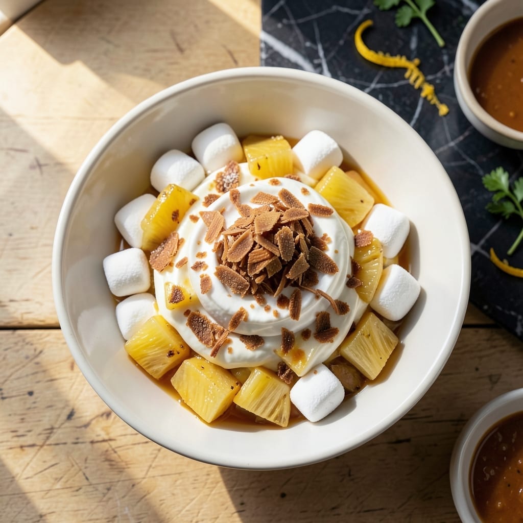 Recipe for 5 Cup Salad: Layers of Creamy Pineapple and Marshmallow