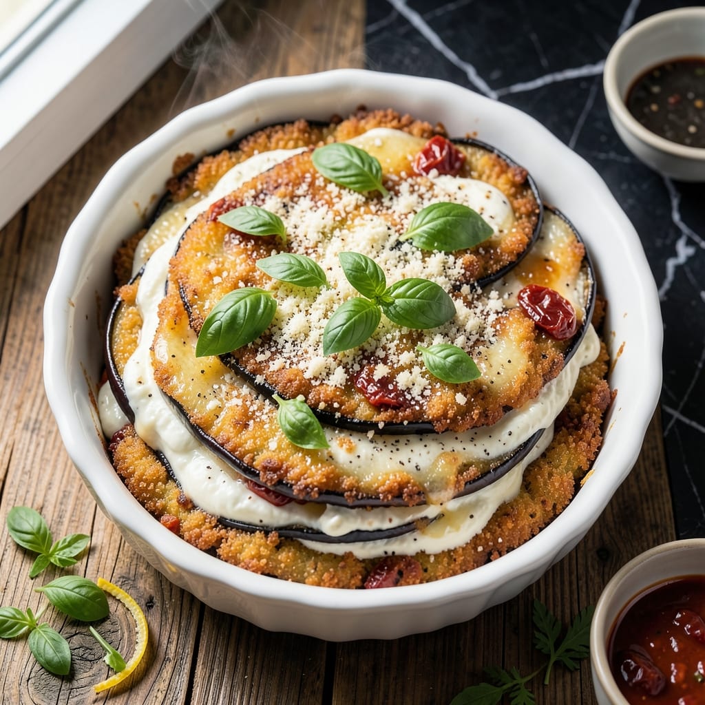 Recipe For Eggplant Parmesan With Ricotta Cheese: Three-Cheese Layered Bake