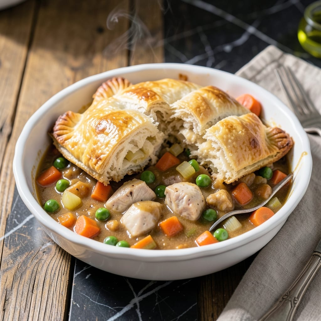 Homemade Chicken Pot Pie Recipe With Biscuits: Flaky Topping Over Savory Filling