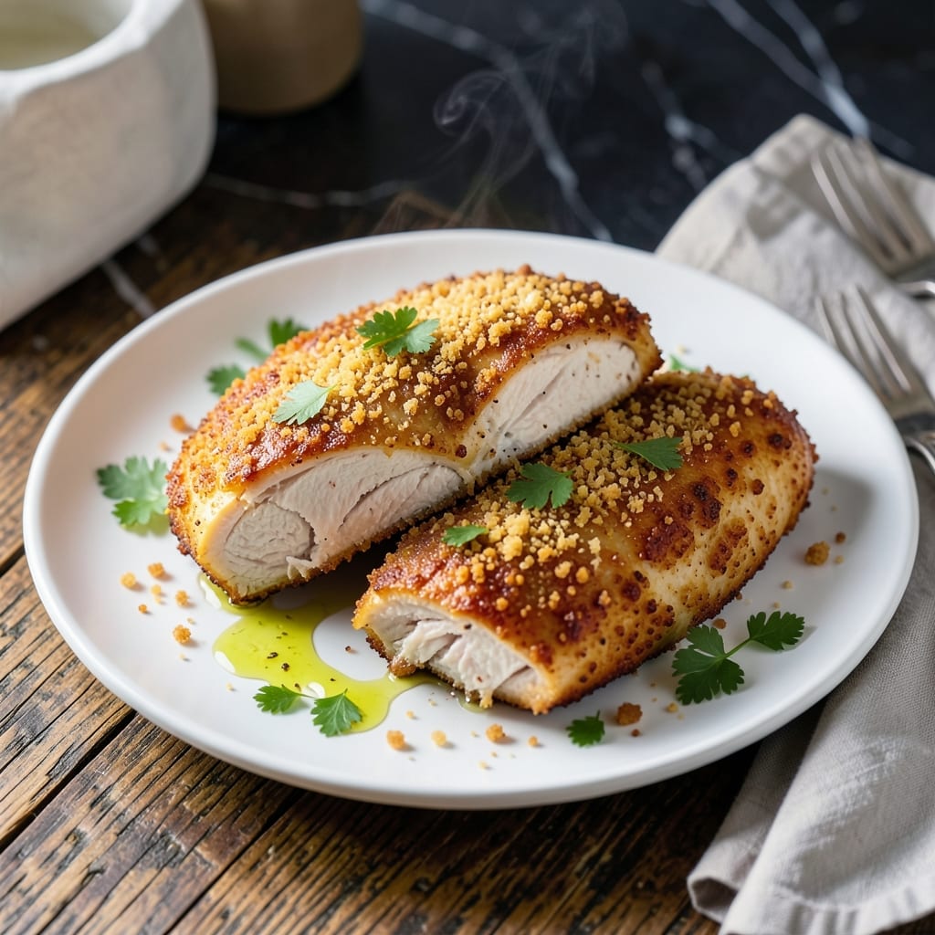 Recipe For Baked Chicken Breasts With Panko Crumbs: Crunchy Topping and Juicy Meat
