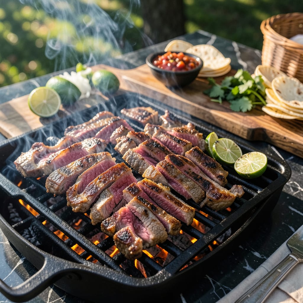 Comprehensive carne asada on charcoal grill visual reference