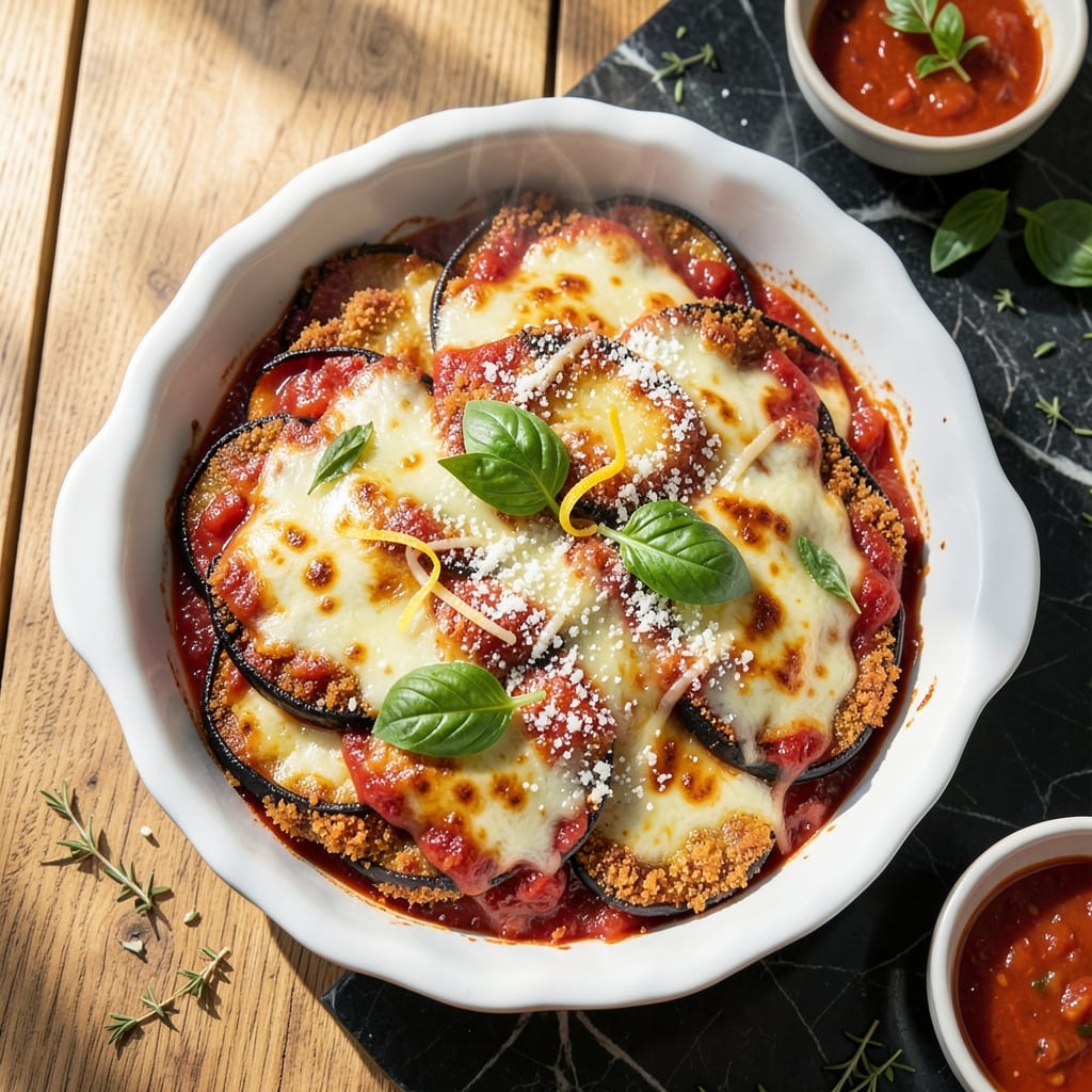 Recipe for Eggplant Parmigiana Baked: Layers of Melty Cheese and Crispy Breadcrumbs Recipe for Eggplant Parmigiana Baked: Layers of Melty Cheese and Crispy Breadcrumbs
