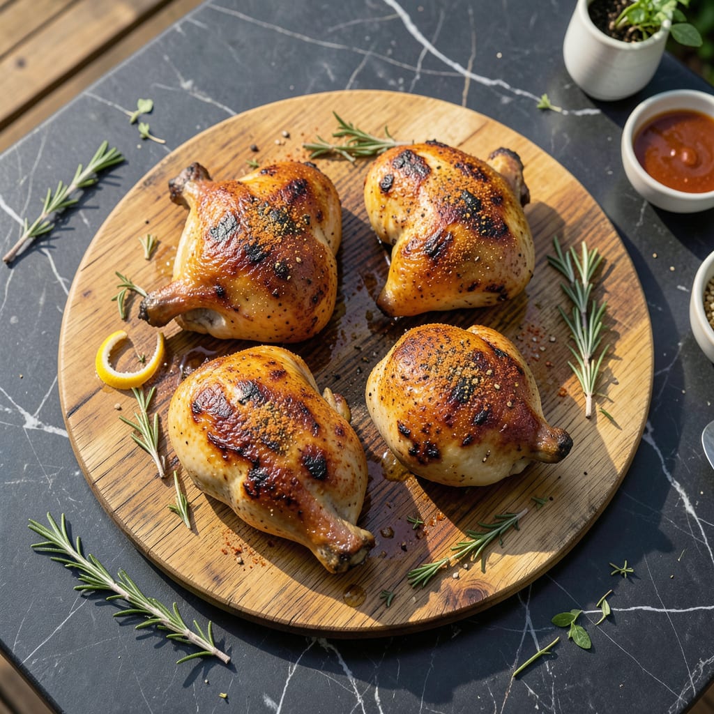 chicken quarters on the grill recipe illustration with key details