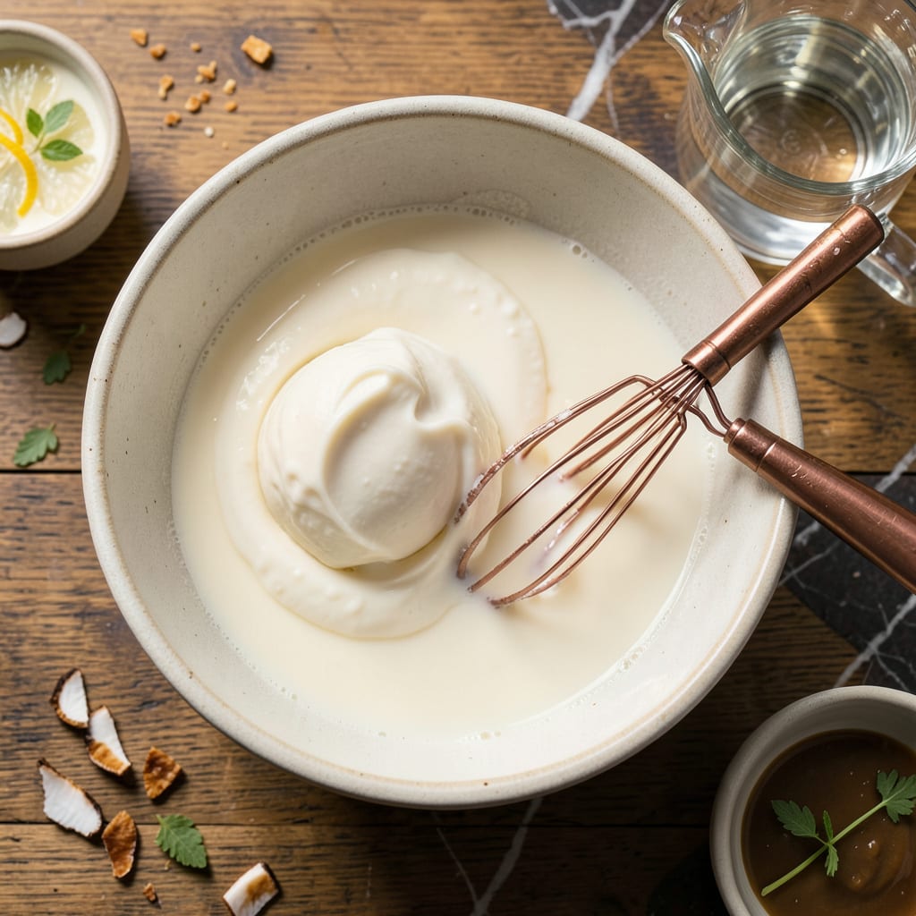 coconut cream into coconut milk example with annotations