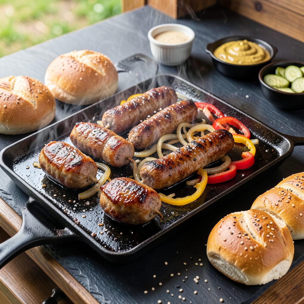 Cooking Brats on Blackstone: Juicy, Char Grilled Perfection in Minutes illustration with key details