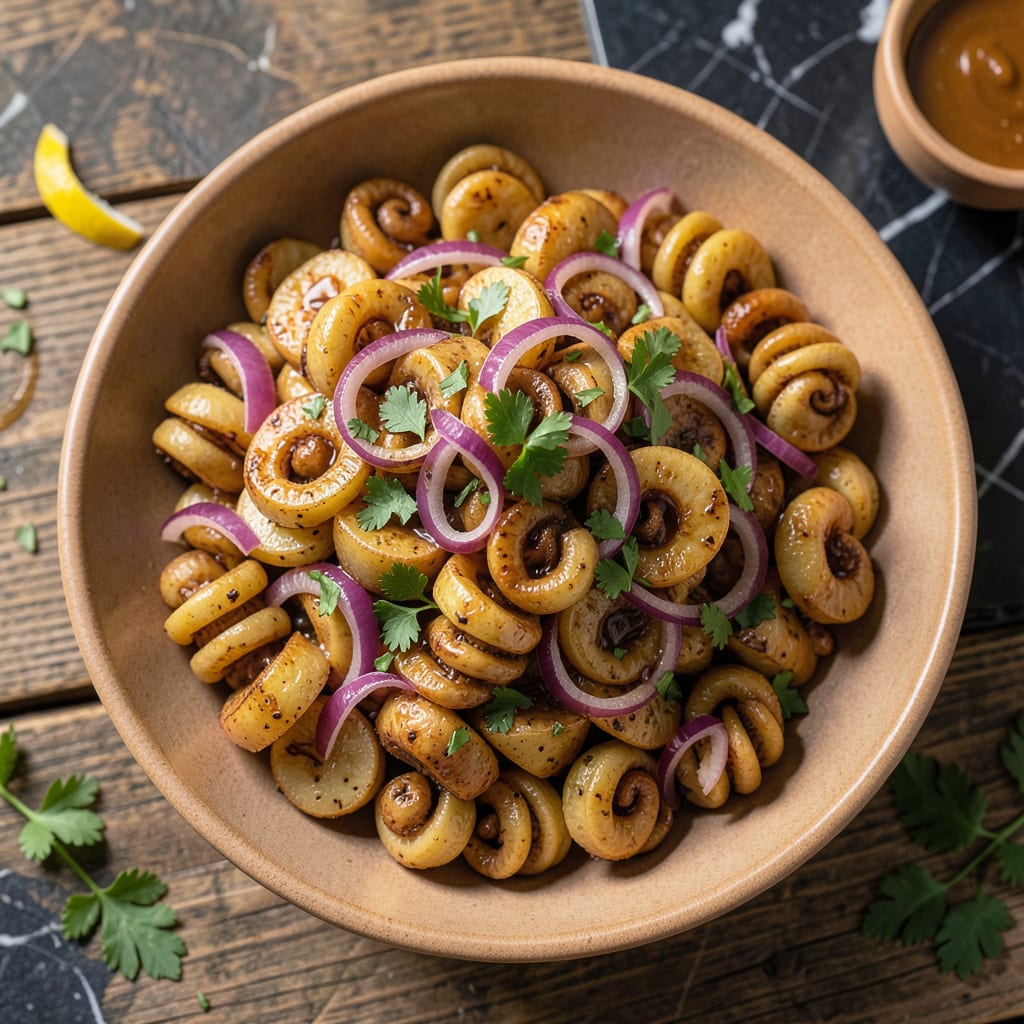 corkscrew bbq potato salad recipe example with annotations