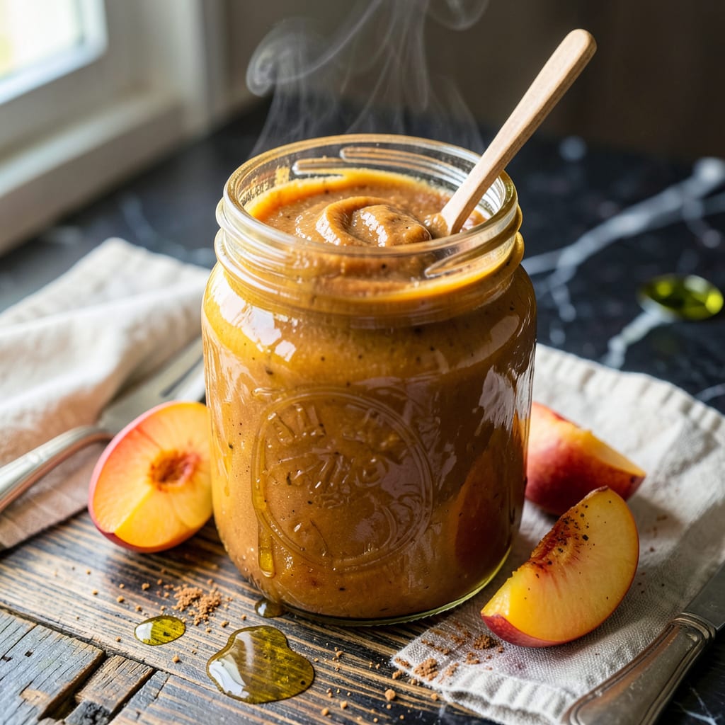 Visual representation of crockpot peach butter recipe for canning