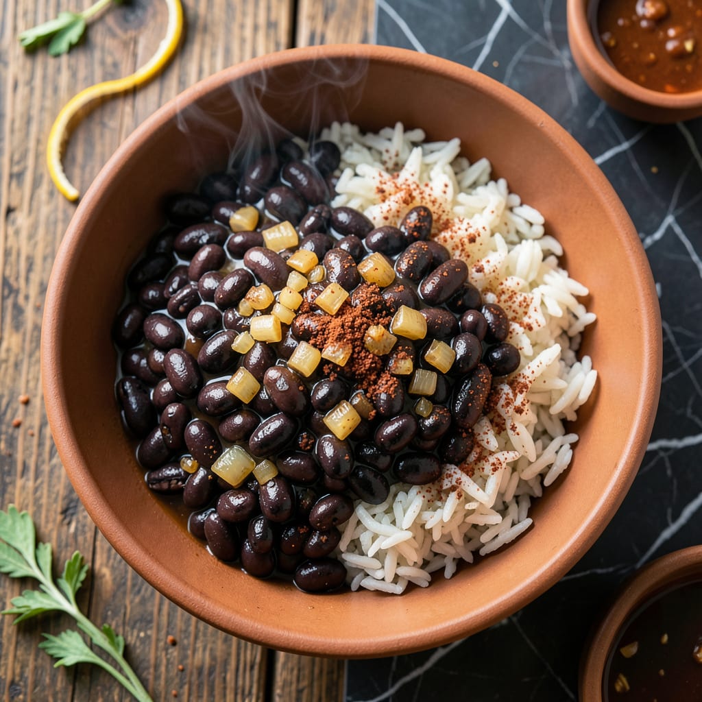 Visual representation of dinosaur bbq black beans and rice recipe