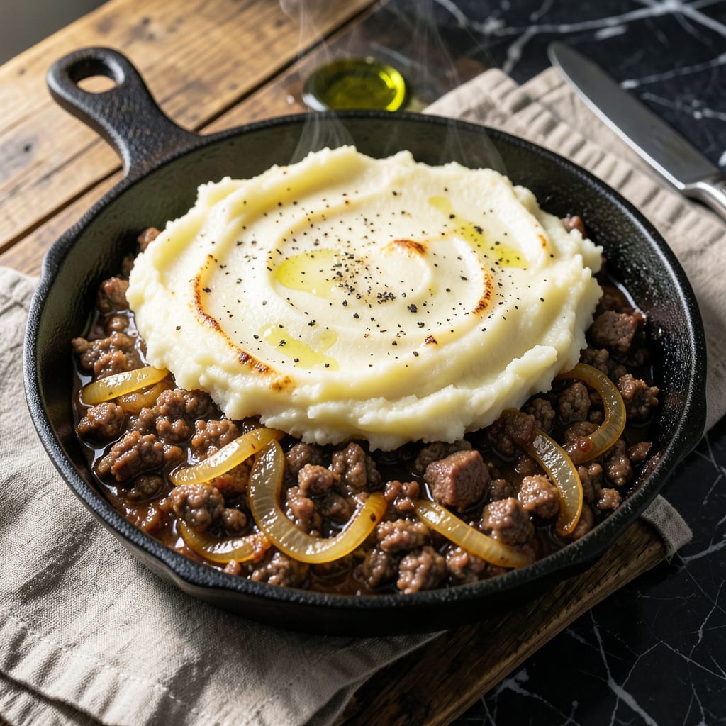 Dinosaur BBQ Shepherd's Pie Recipe: Smoky Meat and Mashed Potato Layers example with annotations