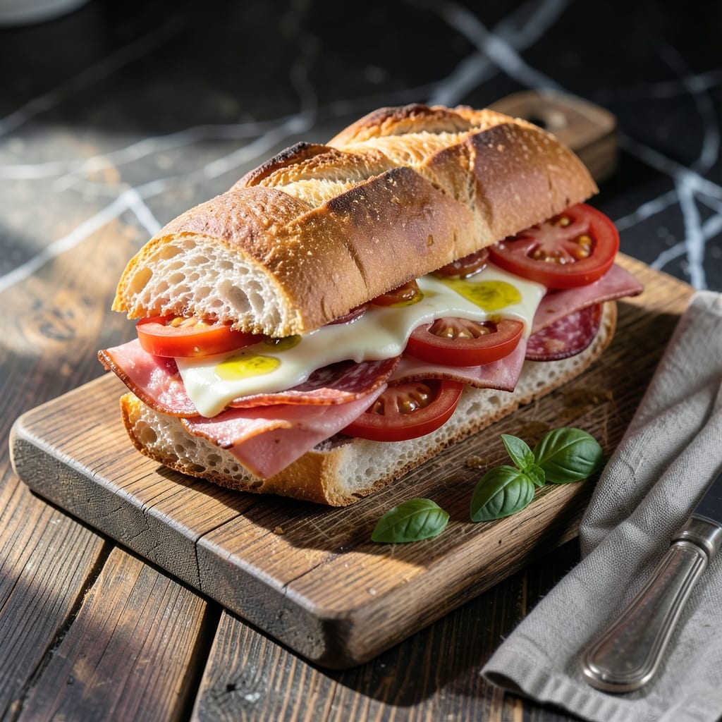 Recipe Italian Sub: Layered Meats and Fresh Veggies on Crusty Bread