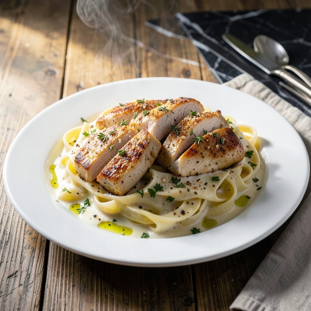 Recipe for Fettuccine Alfredo With Chicken: Creamy Ribbons With Garlic-Herb Chicken