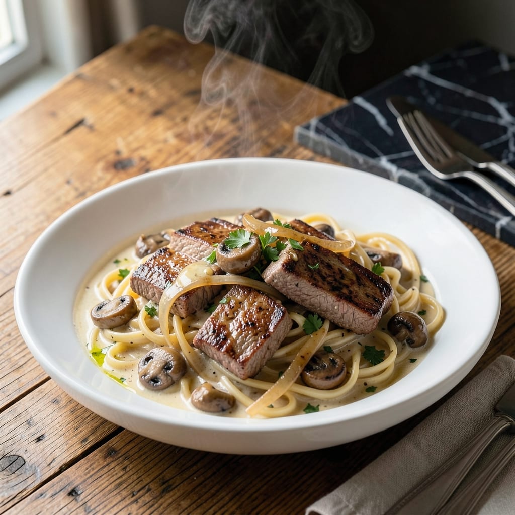 Recipe for Beef Stroganoff: Mushroom-Infused Cream Sauce Over Egg Noodles