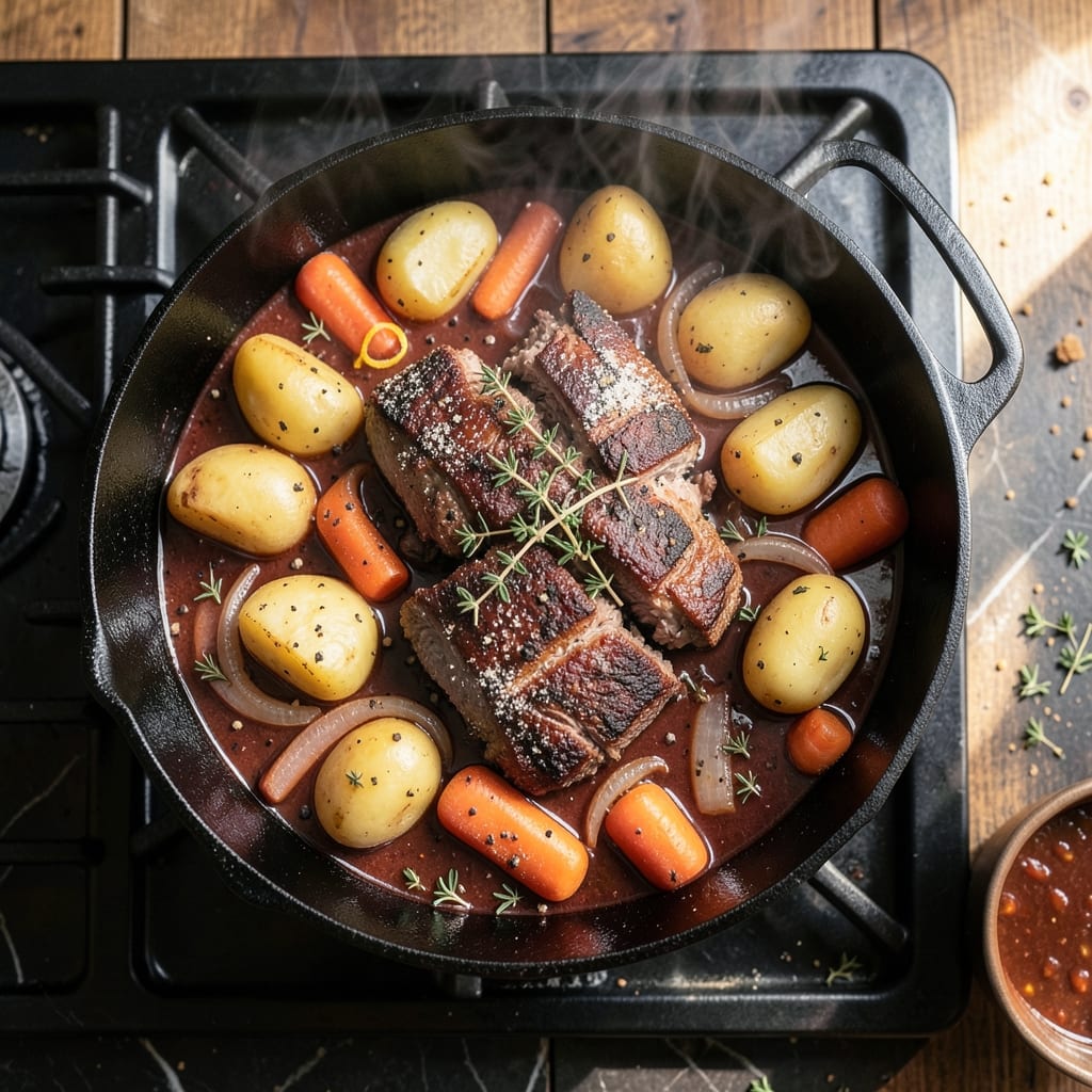 Traditional Beef Stew Recipe On Stove: Tender Chunks in Rich Broth