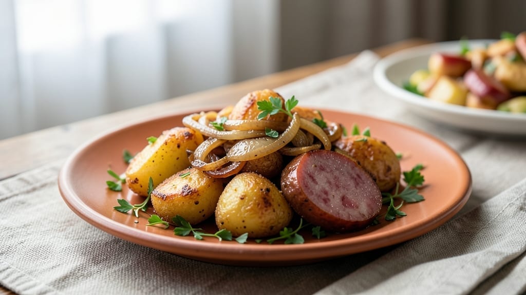 Fried Potatoes, Onions, and Smoked Polish Sausage Recipe: Crispy Skillet Harmony