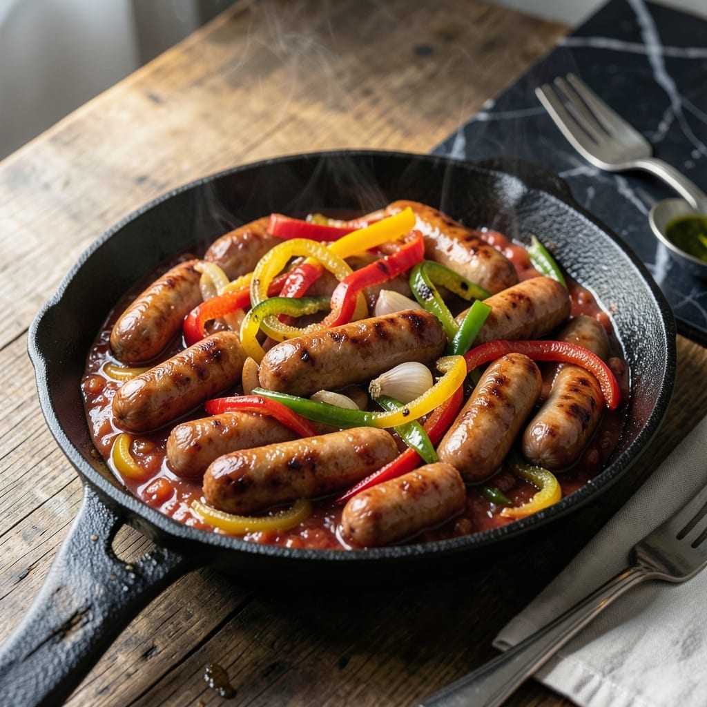 Sausage And Peppers Recipe With Sauce: Simmered in Rich Tomato Basil Blend