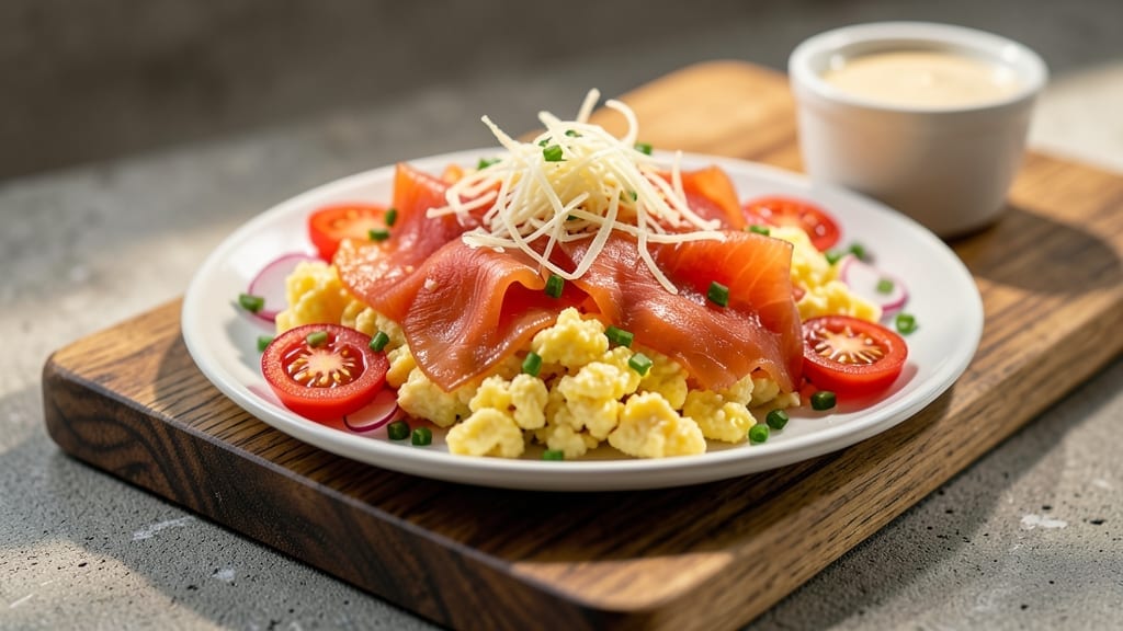 Scrambled Eggs and Smoked Salmon Recipe: Fluffy Eggs With Smoky Salmon Topping Scrambled Eggs and Smoked Salmon Recipe: Fluffy Eggs With Smoky Salmon Topping