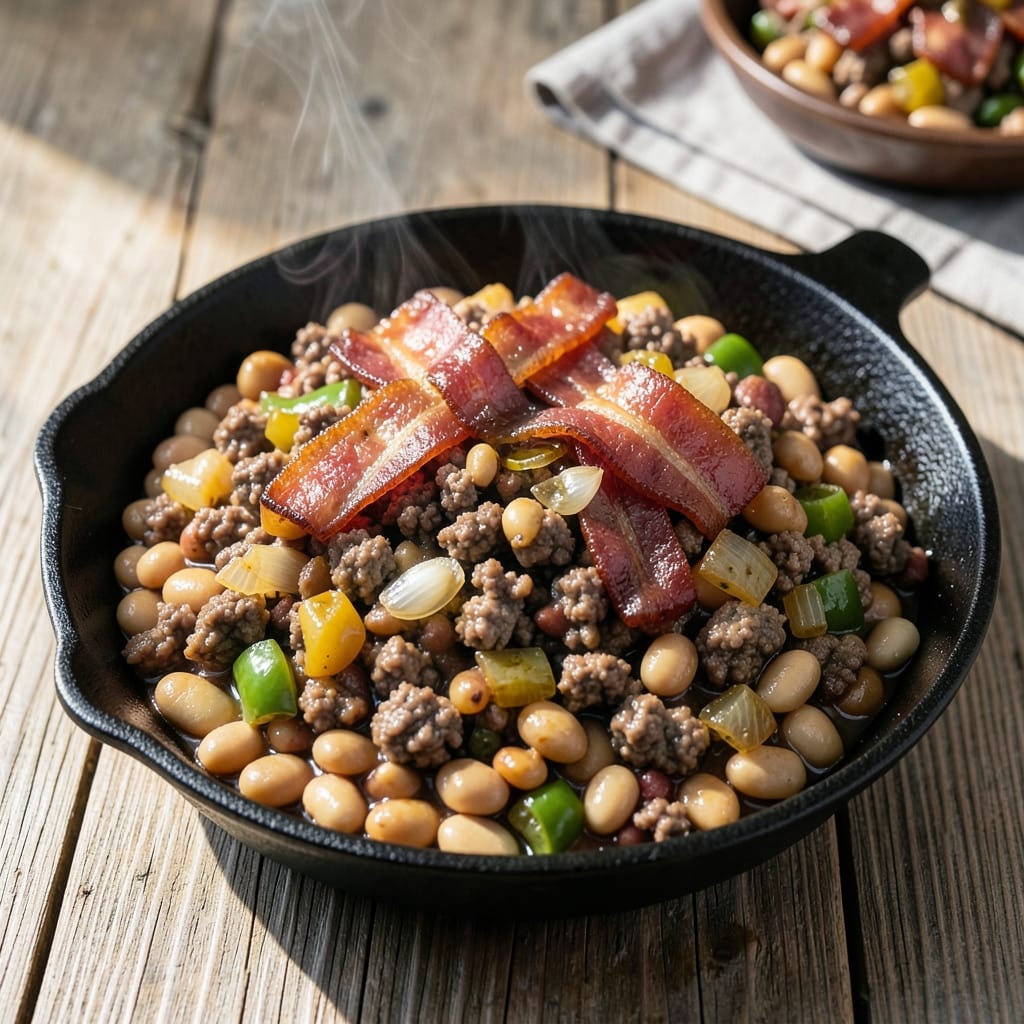 Old Fashioned Cowboy Beans Recipe With Hamburger and Bacon: Smoky Campfire Flavor in a Skillet