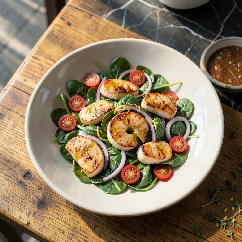 Macaroni Grill Scallops and Spinach Salad Recipe: Seared Sea Scallops Over Baby Greens