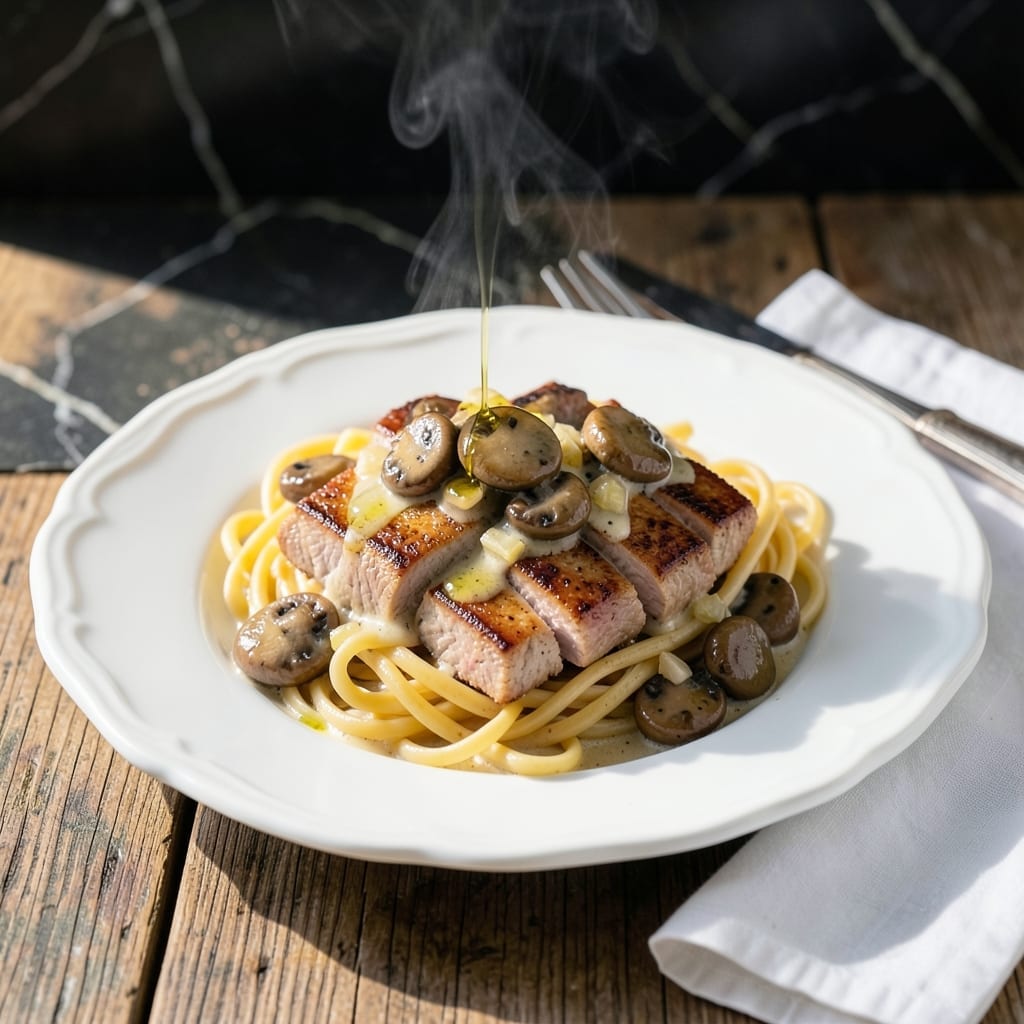 Recipe for Pork Stroganoff: Mushroom-Infused Cream Sauce Over Egg Noodles