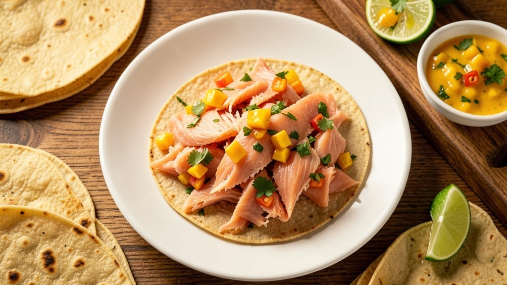Smoked Salmon and Mango Salsa Tacos